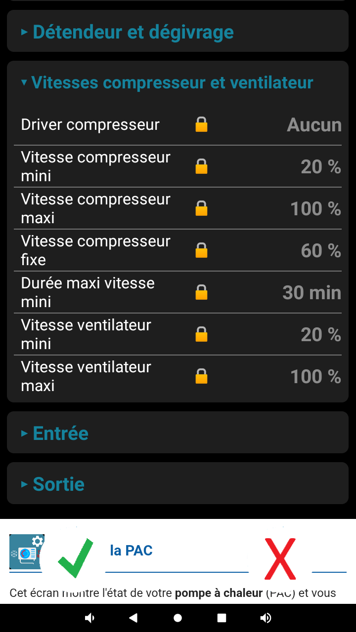 Réglages des vitesses du compresseur et du ventilateur