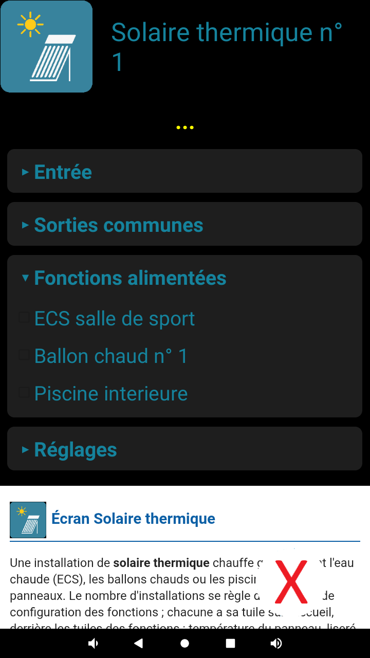 Écran Solaire thermique : entrée, sorties communes, fonctions alimentées, réglages